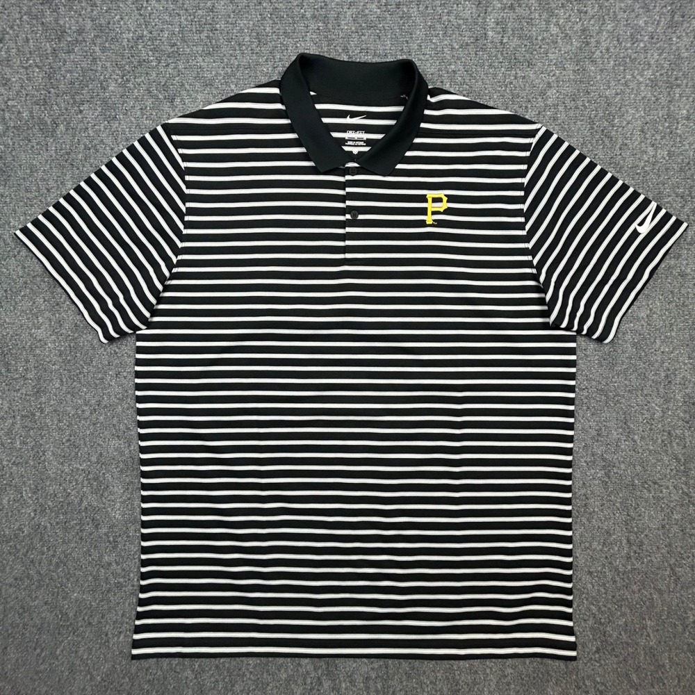 Nike Pittsburgh Pirates Polo Shirt Mens XL Black White Striped Dri-FIT MLB
